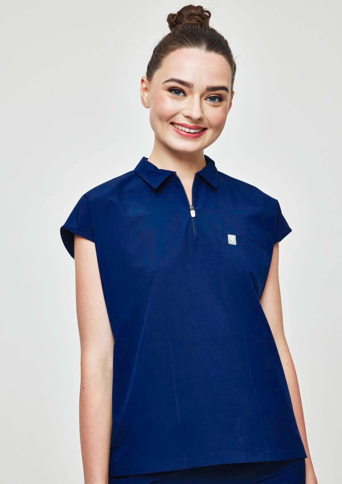 Zip-Up Polo MoveTech® Scrub Top - Women / Navy